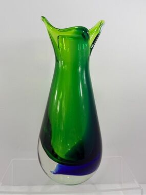 Vtg MCM Murano Style Sommerso Fishtail Vase - Emerald & Cobalt - 9.5" Heavy 3lb
